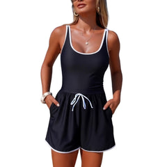 Bathing Suit for Women Tummy Control One Piece Swimsuit Color Block Sporty Surfing Suit Swimwear with Pockets Shorts