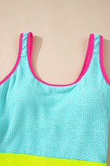 Iceland Blue Textured Color Block Patchwork One Piece Swimsuit