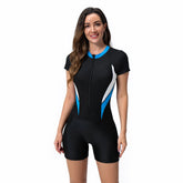 Contrast-Trim Zip-Front Short-Sleeve Rash Guard Swimsuit