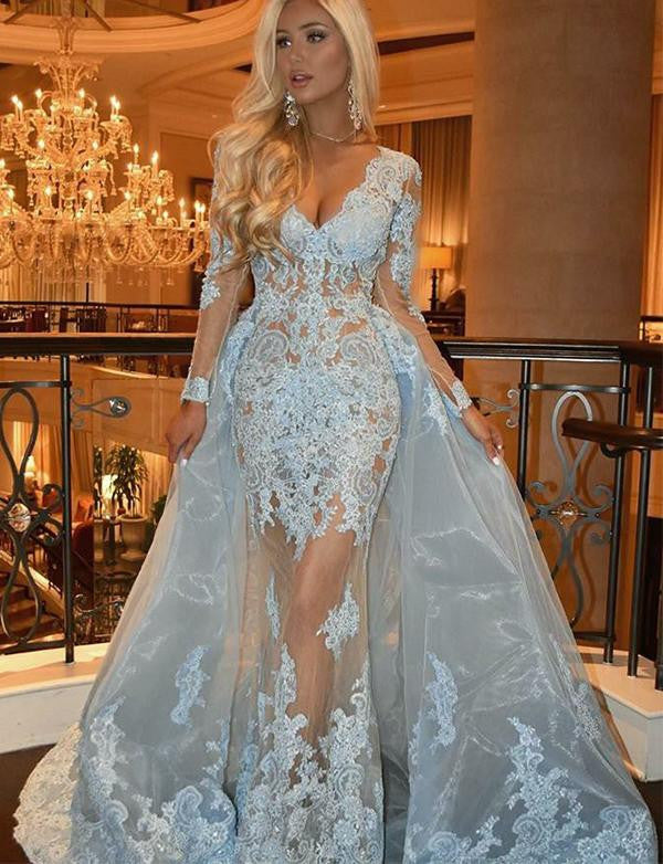 Detachable V Neck Long Sleeve Prom Dress with Lace Appliques Light Blue Evening Gown OKH28 Okdresses