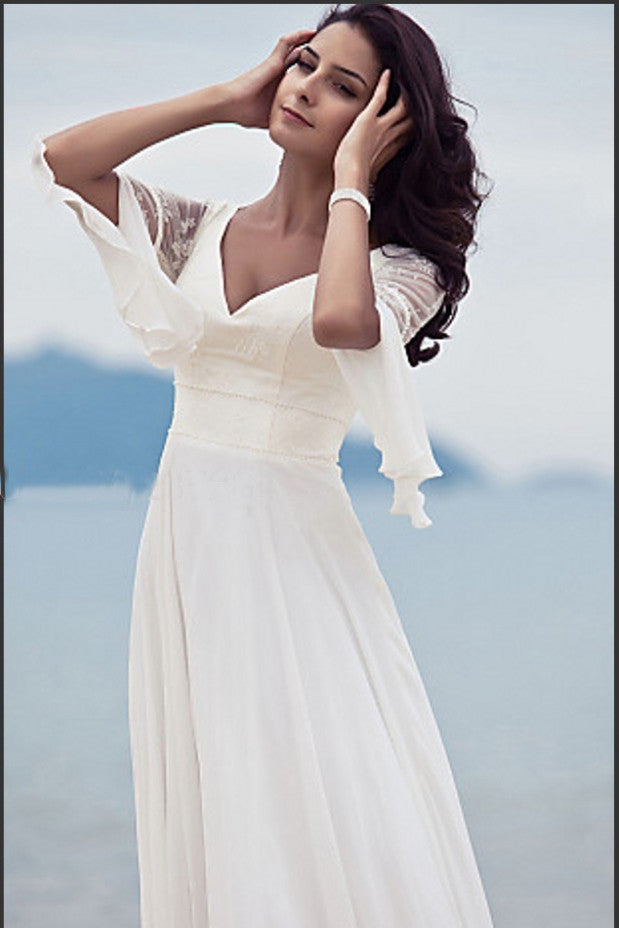 Beach Chiffon Wedding Dress with Short Sleeves vestido de novia de