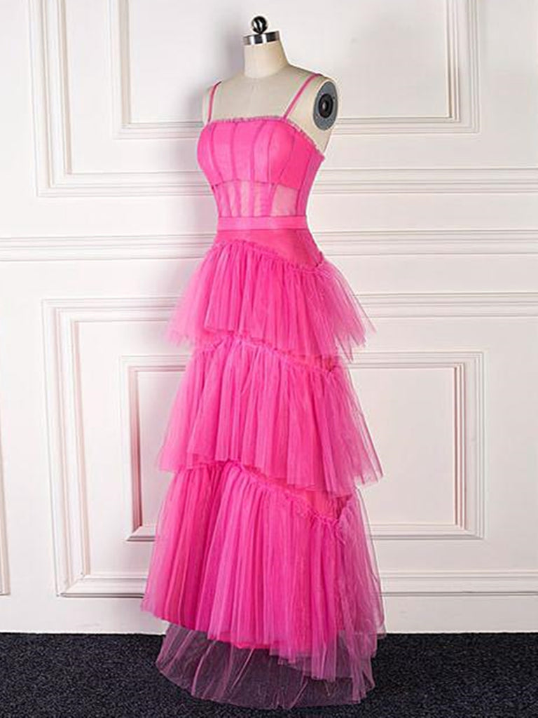 Fashion Hot Pink A Line Tulle Long Prom Dress Layered Ruffles Evening –  Okdresses