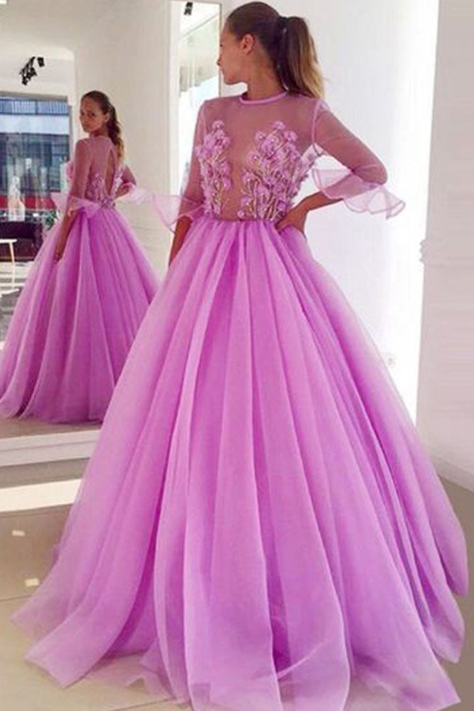 Fairy Ball Gown See Through Ruffled 3 4 Sleeves Tulle Long Prom Dress Okdresses