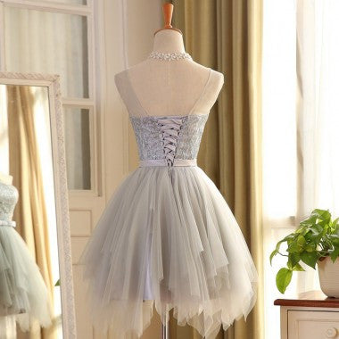 Cute A line Scoop Gray Tulle Sleeveless Short Homecoming Dresses Okdresses