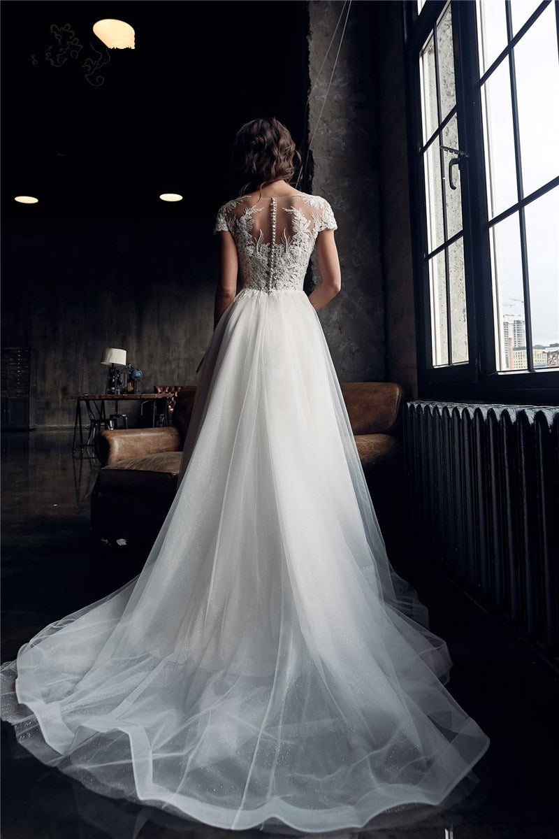 Chiffon A-line Short Sleeves Boho Wedding Dresses, Lace Wedding Gown, MW838