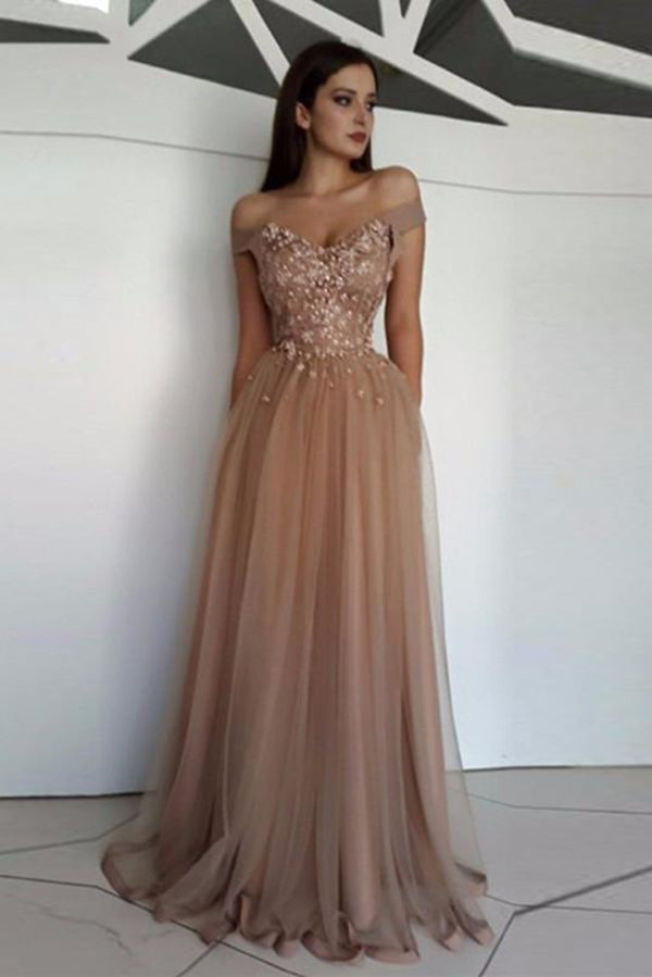 Gold Tulle Long Prom Dress, A line Gold Formal Graduation Party Dress