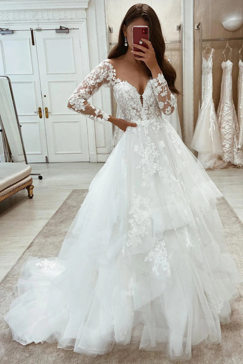 Long sleeve lace sales tulle wedding dress