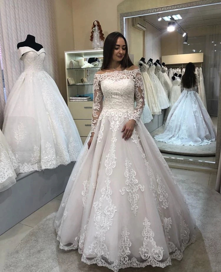 Gorgeous Lace Applique Wedding Dress Boat Neck Long Sleeve Chapel Trai –  Okdresses