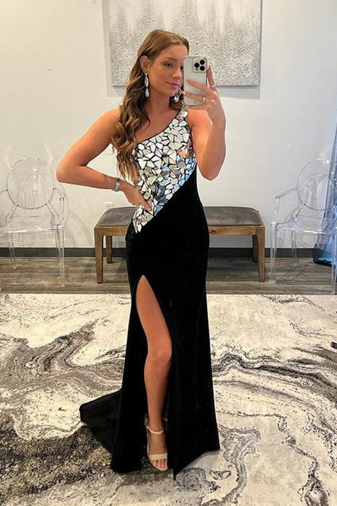 Black and Gold One Shoulder Prom Dress