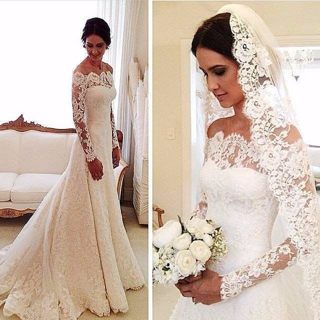 Long Sleeves Lace A-line Boat Neckline Ivory Long Bridal Dress