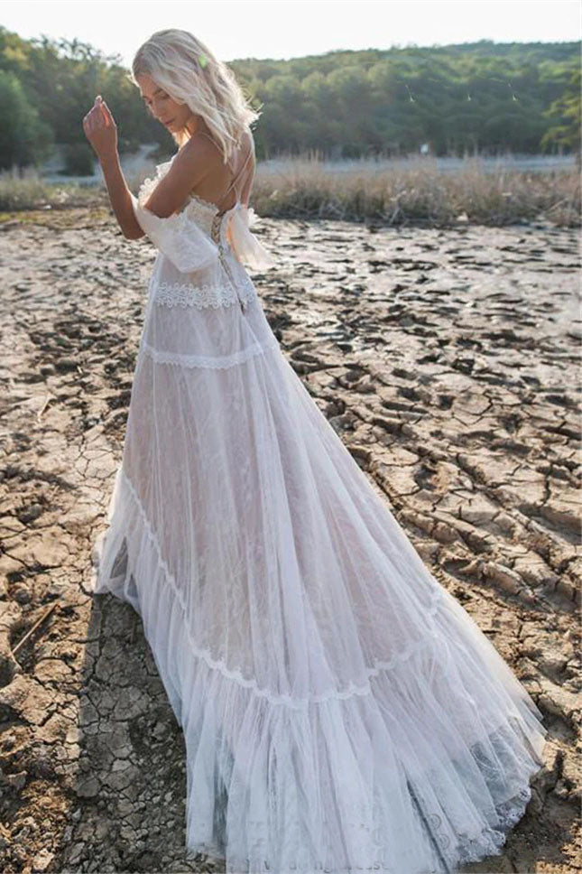 Lace Boho Wedding Dresses Plunge off the Shoulder Buttons Back Bridal Gowns  A-line Puffy Sleeves Beach Bridal Dress -  Canada