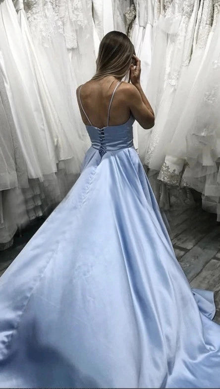 Sexy Light Blue Tight Strapless Long Prom Dresses with Split