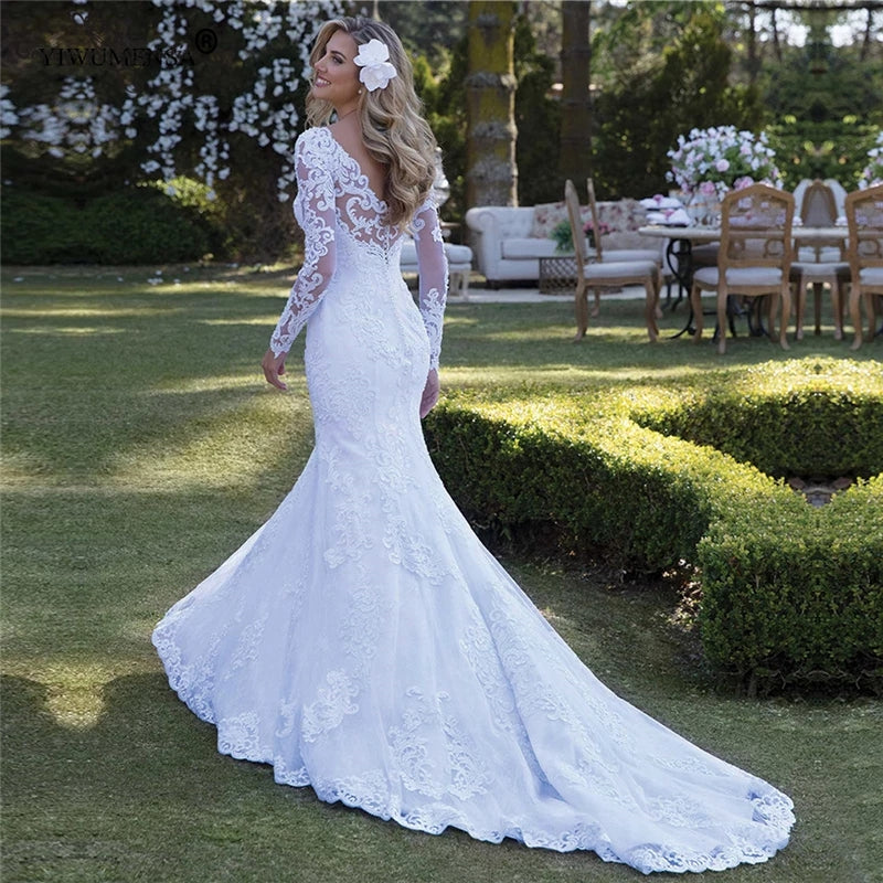 Long Sleeve Wedding Dresses Mermaid Bride Dresses Plus Size Lace Appli –  Okdresses