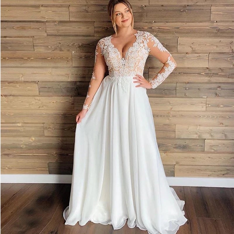 Plus Size A-line Wedding Dresses V Neck Long Sleeves Lace Applique Bridal  Gowns 