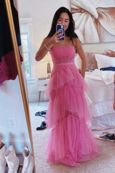 Sexy Tulle Pink Ruffled Long Prom Dress with Criss Cross Back – Promnova