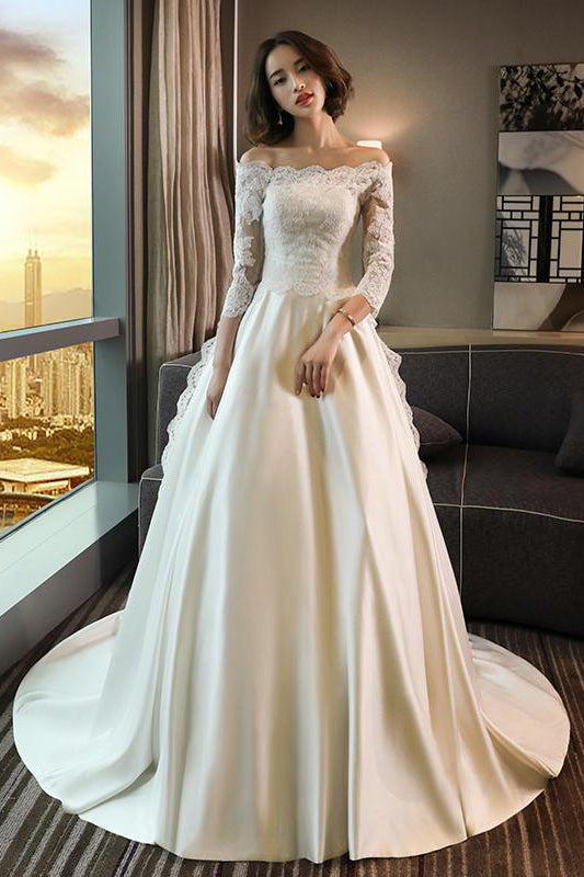 Modest Fitted A-line Lace Wedding Dress with Long Sleeves