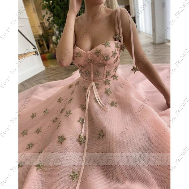 Pink A-line Prom Dress With Stars Princess Bustier Corset Evening