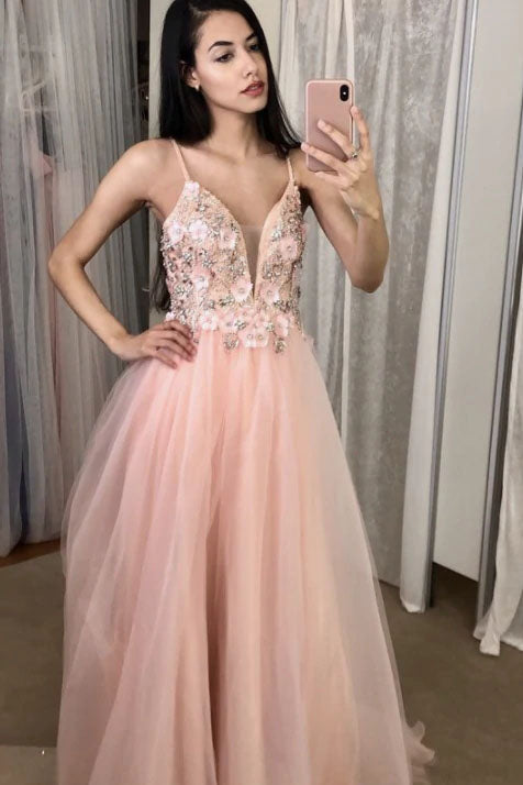 Long Tulle Formal Prom Dress with Low V-Neck