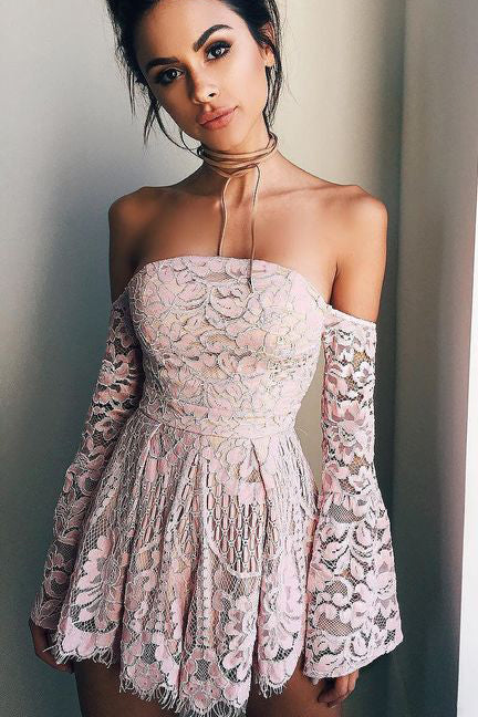 Two Pieces Long Sleeves White Lace Top Pink Short Prom Homecoming