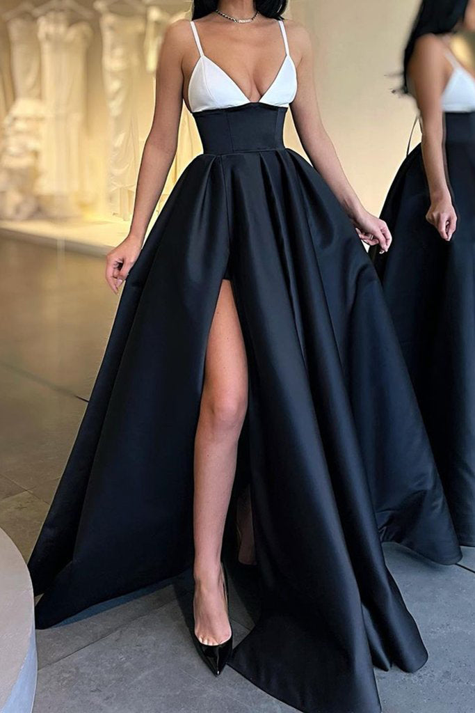 Black Simple A-line V-neck Chiffon Evening Dresses With Slit Long Prom
