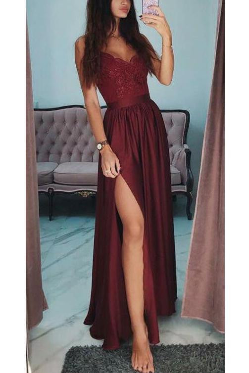 A-Line Chic Burgundy Spaghetti-Straps Side-Slit Prom Dresses – Ballbella