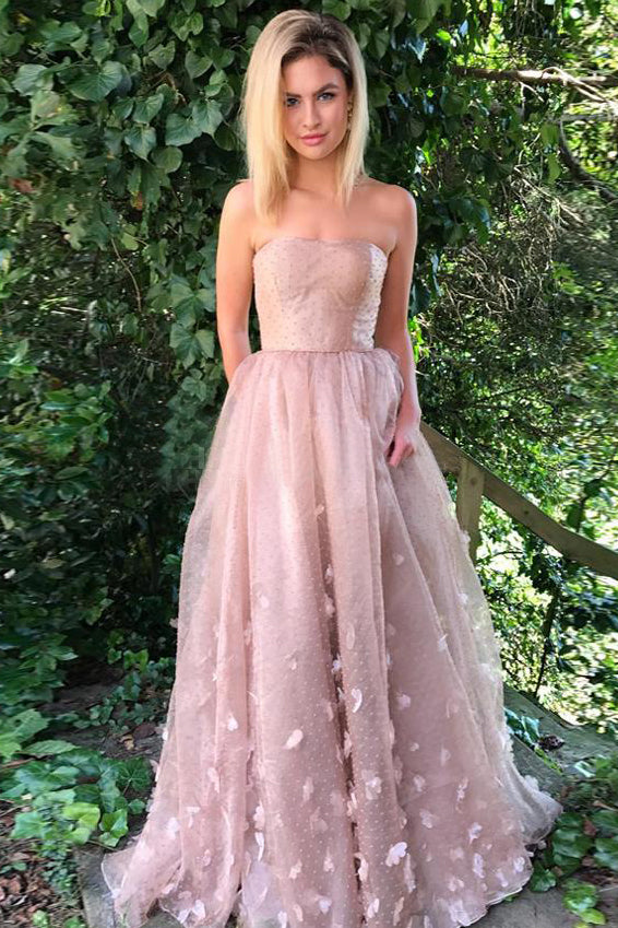 Princess Strapless A Line Dusty Pink Long Prom Dress Evening Dress –  Okdresses