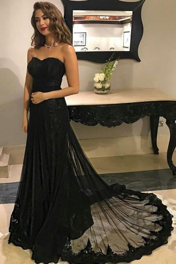 Black Tulle Lace Long Prom Dresses For ...