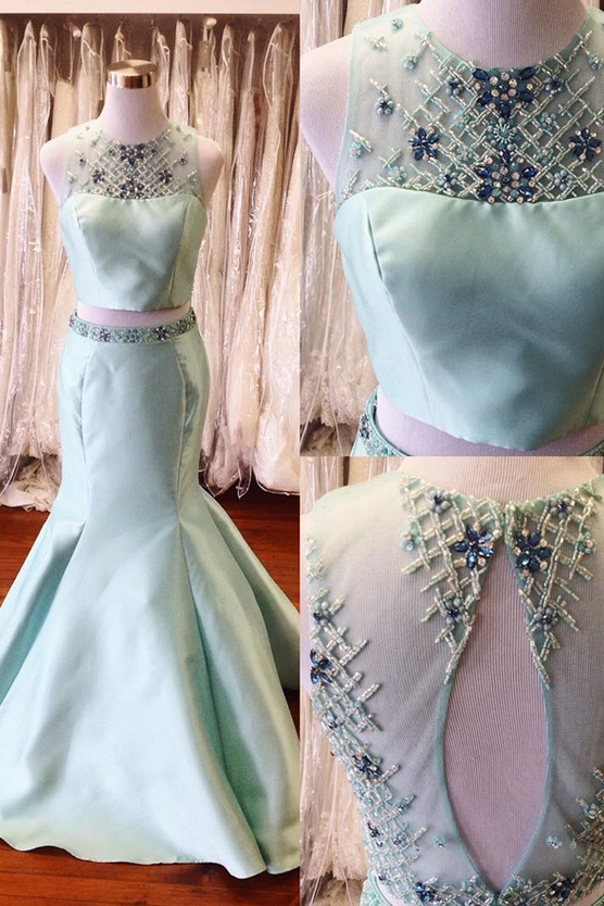 Blue and Gold Two Piece Mermaid Prom Dress