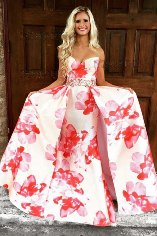 Pink Floral Print Strapless Prom Dresses