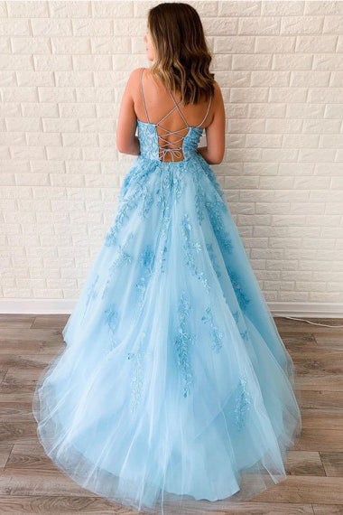 A-line Spaghetti Straps Sky Blue Tulle Prom Dress With Appliques OKU27 –  Okdresses