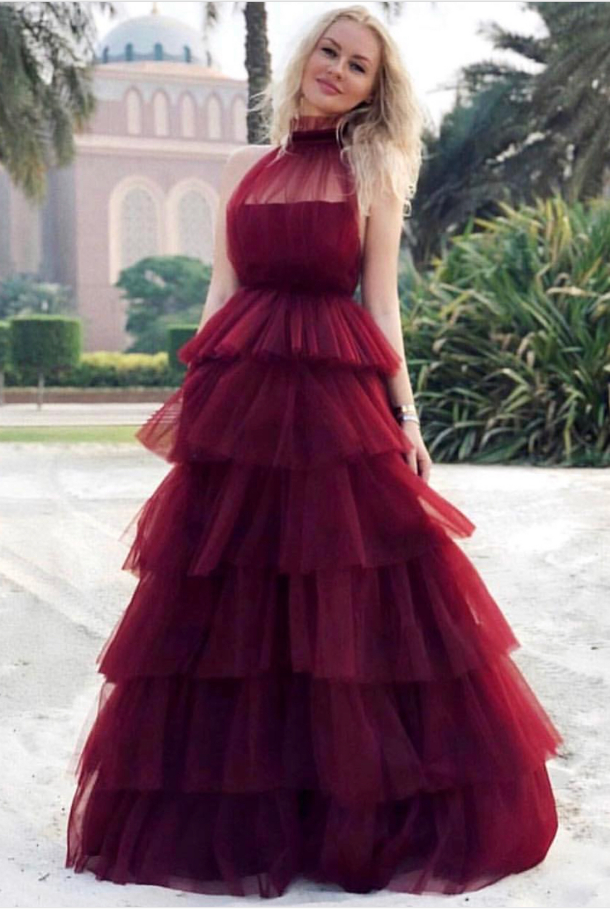 Burgundy tulle prom clearance dress