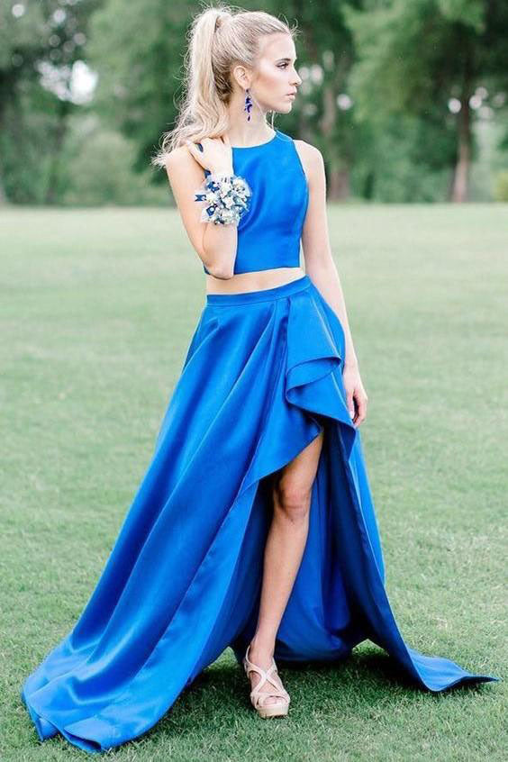 Royal blue two piece cheap prom dress