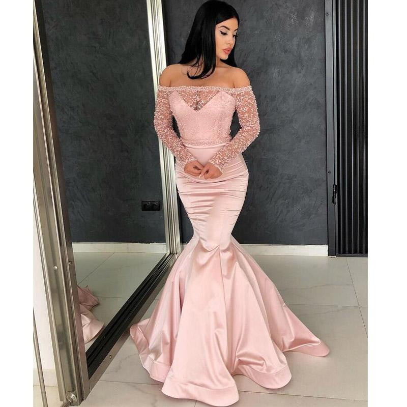 Off the Shoulder Long Sleeves Mermaid Lace Top Pink Long Prom Dresses OKG37  – Okdresses