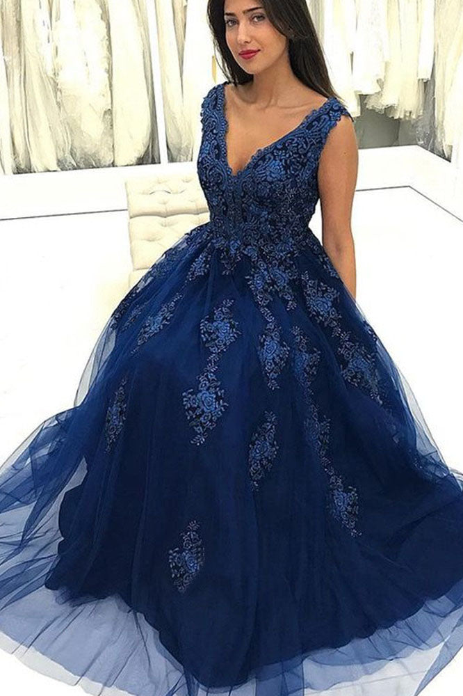 Gorgeous V Neck Light Blue Lace Long Prom Dress with Pocket, Light Blue  Lace Formal Evening Dress A1522