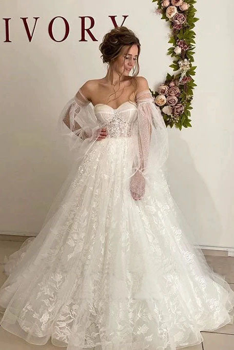 Lace Floral Puffy Sleeve Wedding Dress Sweetheart Long Train Bridal Go –  Okdresses
