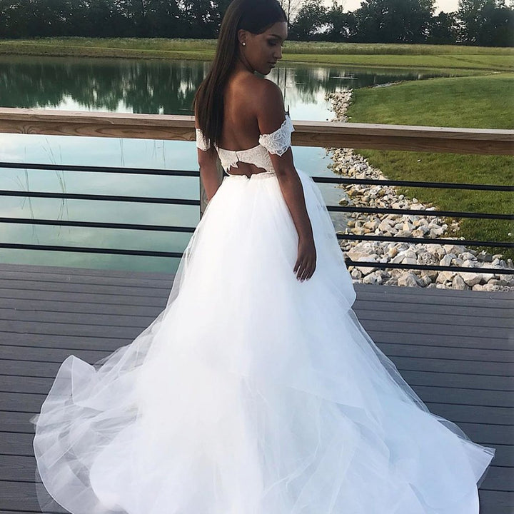 Elegant A Line Tulle Off the shoulder Long Wedding Dress Lace Top