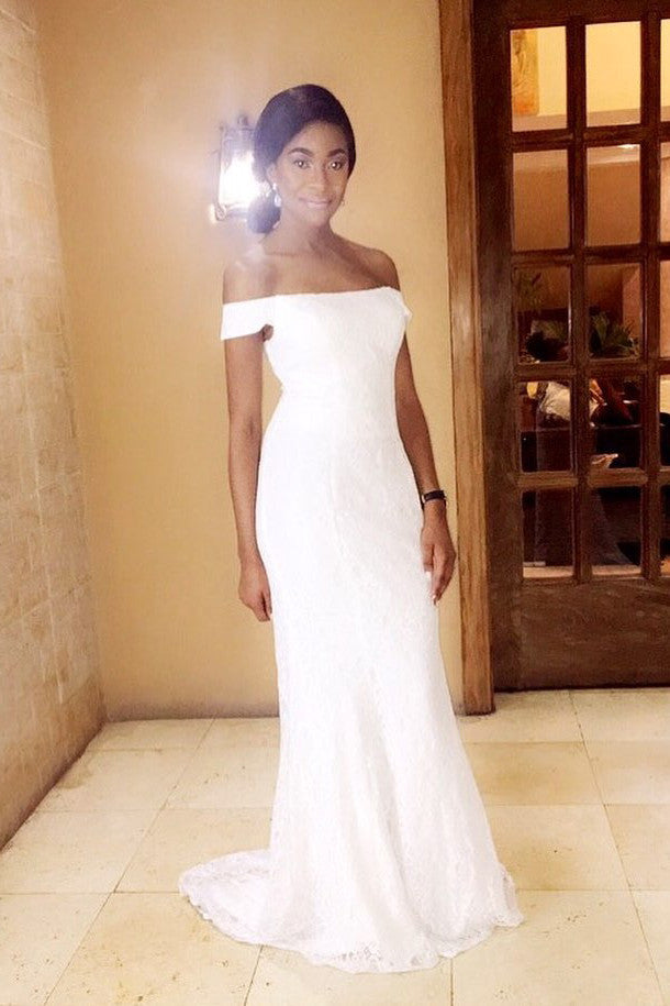 Simple white off on sale shoulder wedding dress