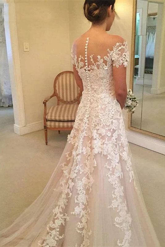 Short Sleeve Lace Ballgown Lace Wedding Dress With Appliques, Off