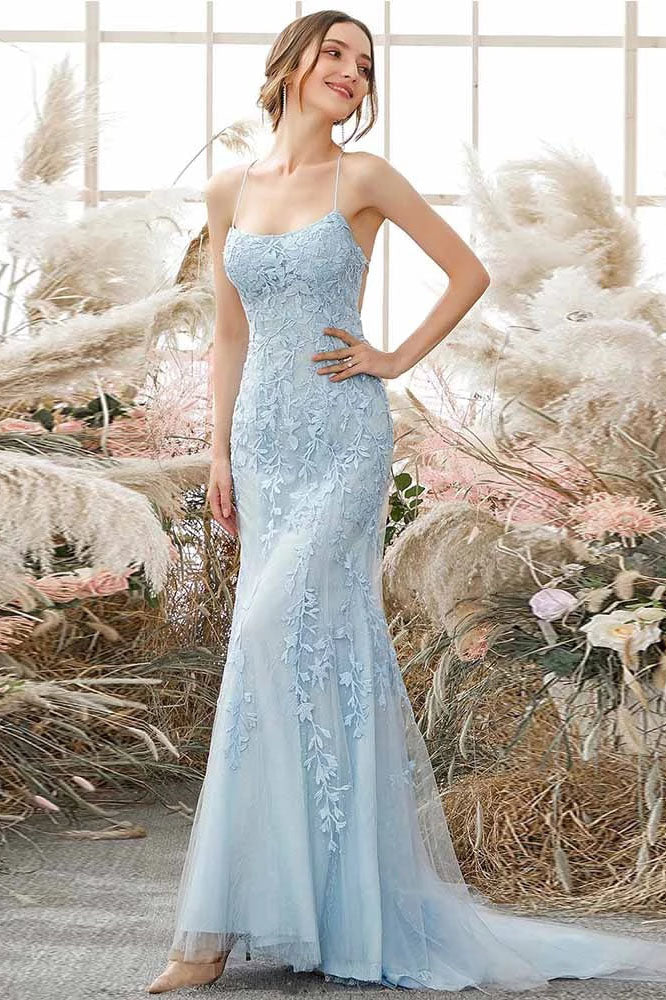 Aubrie Sky Blue Mermaid Spaghetti Straps Lace Tulle Prom Dress