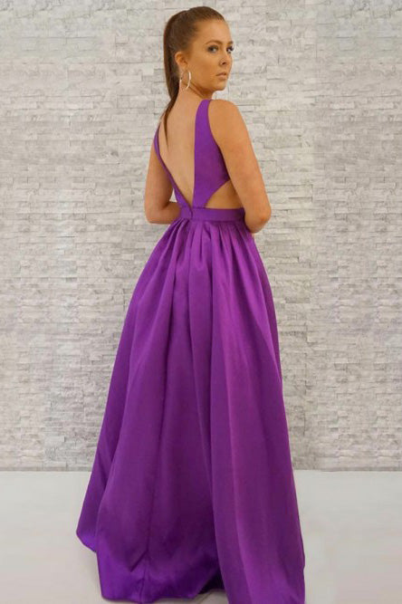 Simple V Neck Backless Purple Satin Long Prom Dresses, V Neck