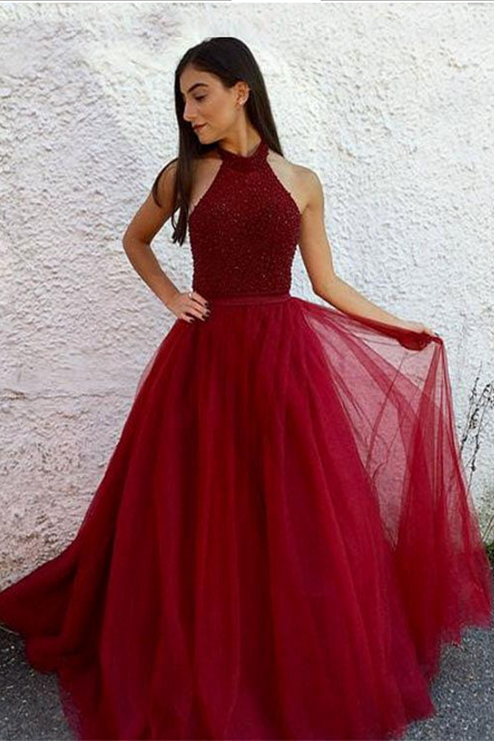 Burgundy halter prom clearance dress