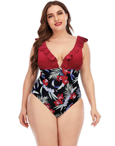 Burgundy V-Neck Ruffle One-Piece Swimsuit