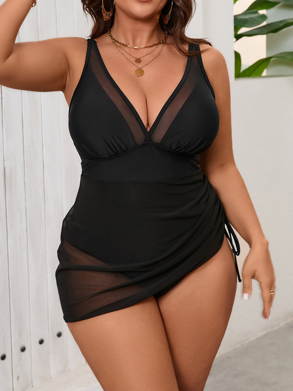 Sheer Mesh Sarong One-Piece Swimsuit
