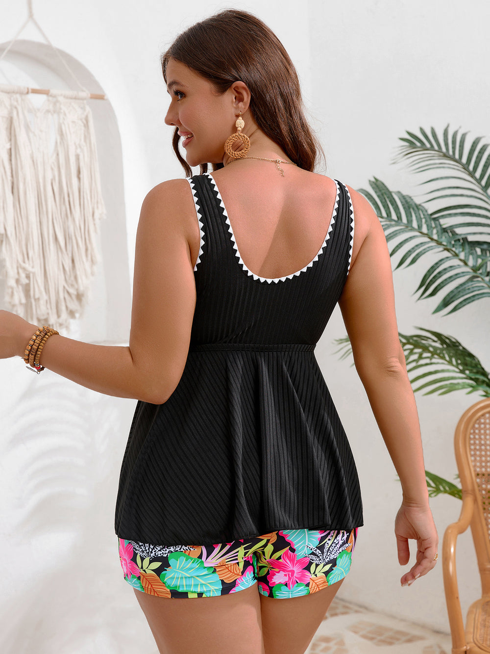 Ruched Tankini Set With Printed Shorts