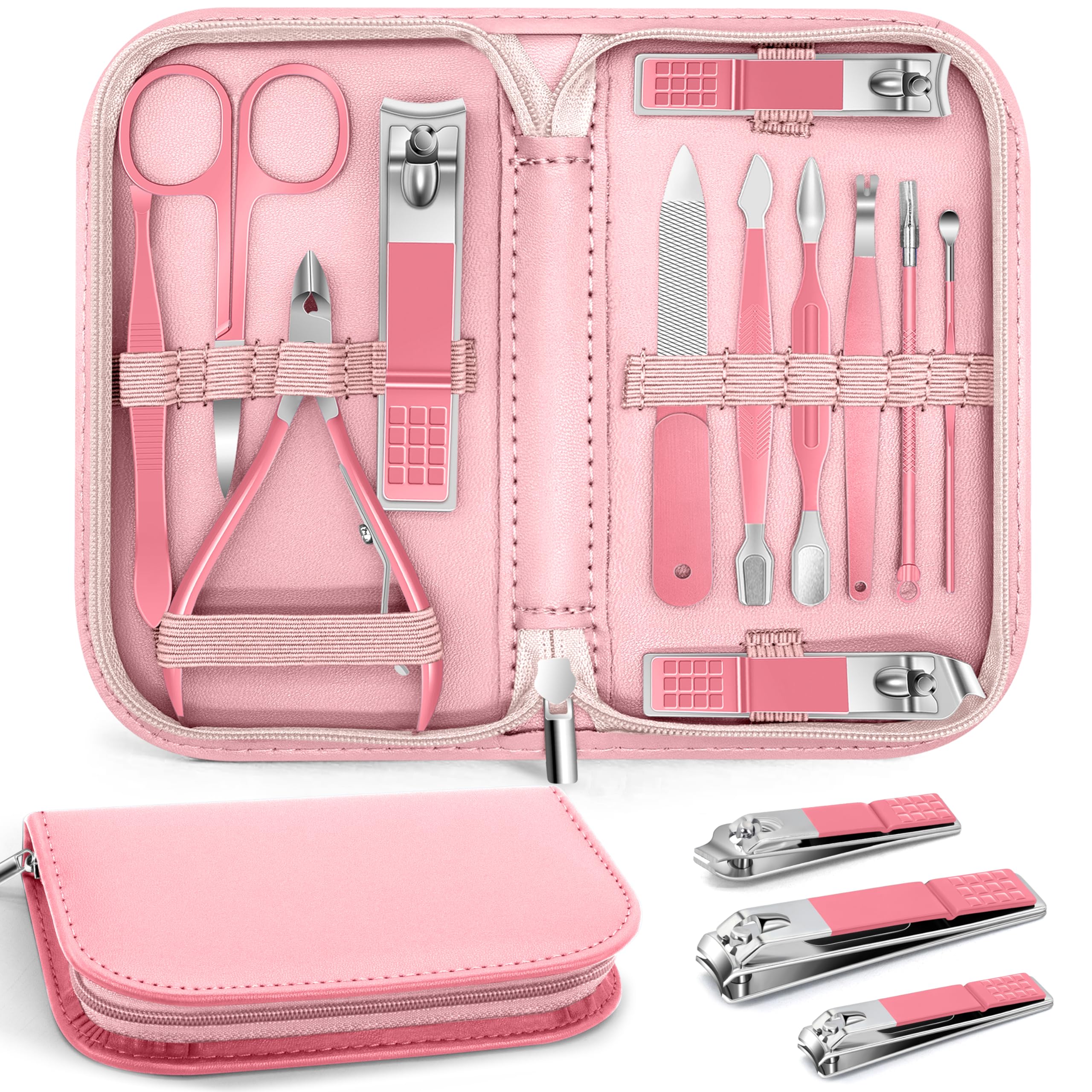 Manicure Pedicure Set, 12 Pcs Nail Care Kit for Women, Mens Nail Grooming Kit, Manicure & Pedicure Tools & Accessories, Pink Nail Kit Manicure Set Luxury Leather Case for Home Salon Use Main image