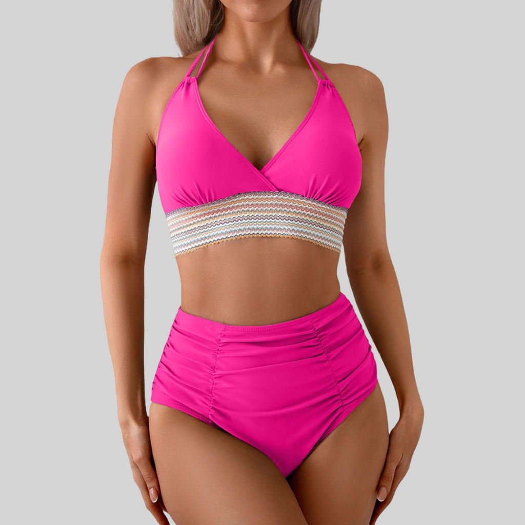 Ocevara - Two Piece High Waisted Bikini Sets Tummy Control Color Block Suspender Swimwear
