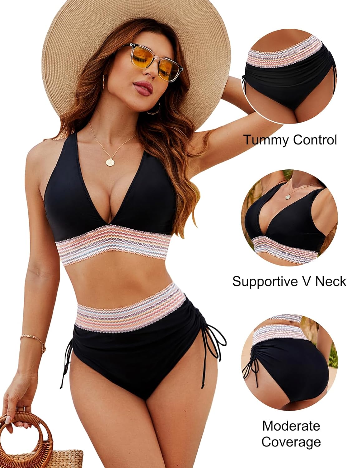 Ocevara - High Waisted Tummy Control Color Block Bikini Sets