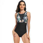 Ocevara - Womens One Piece Swimsuits Tummy Control Slimming Bikini Sets V Neck Printing Mesh Sheer Bathing Suit