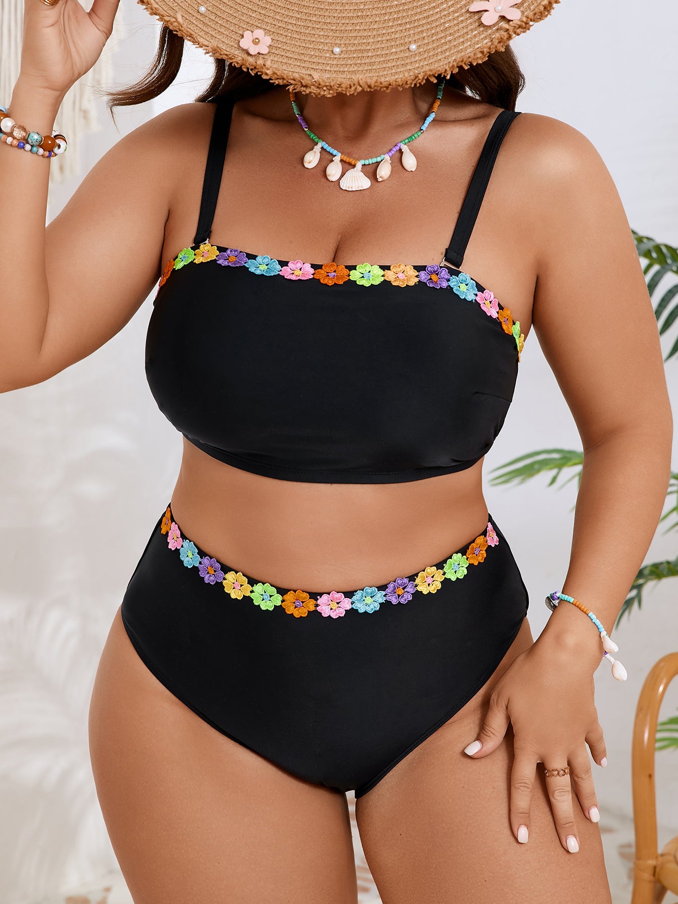 Floral Trim Bandeau Bikini Set