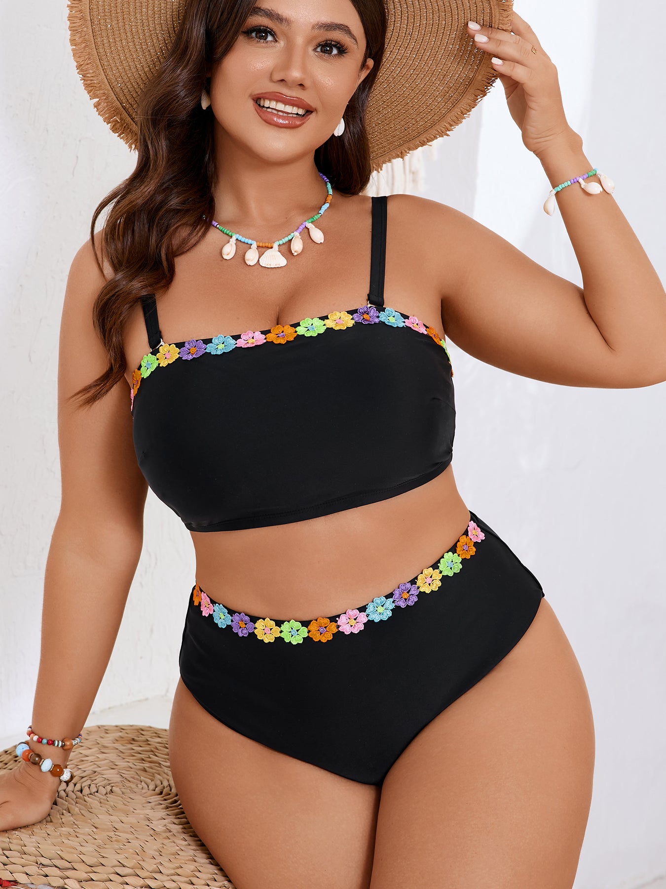 Floral Trim Bandeau Bikini Set